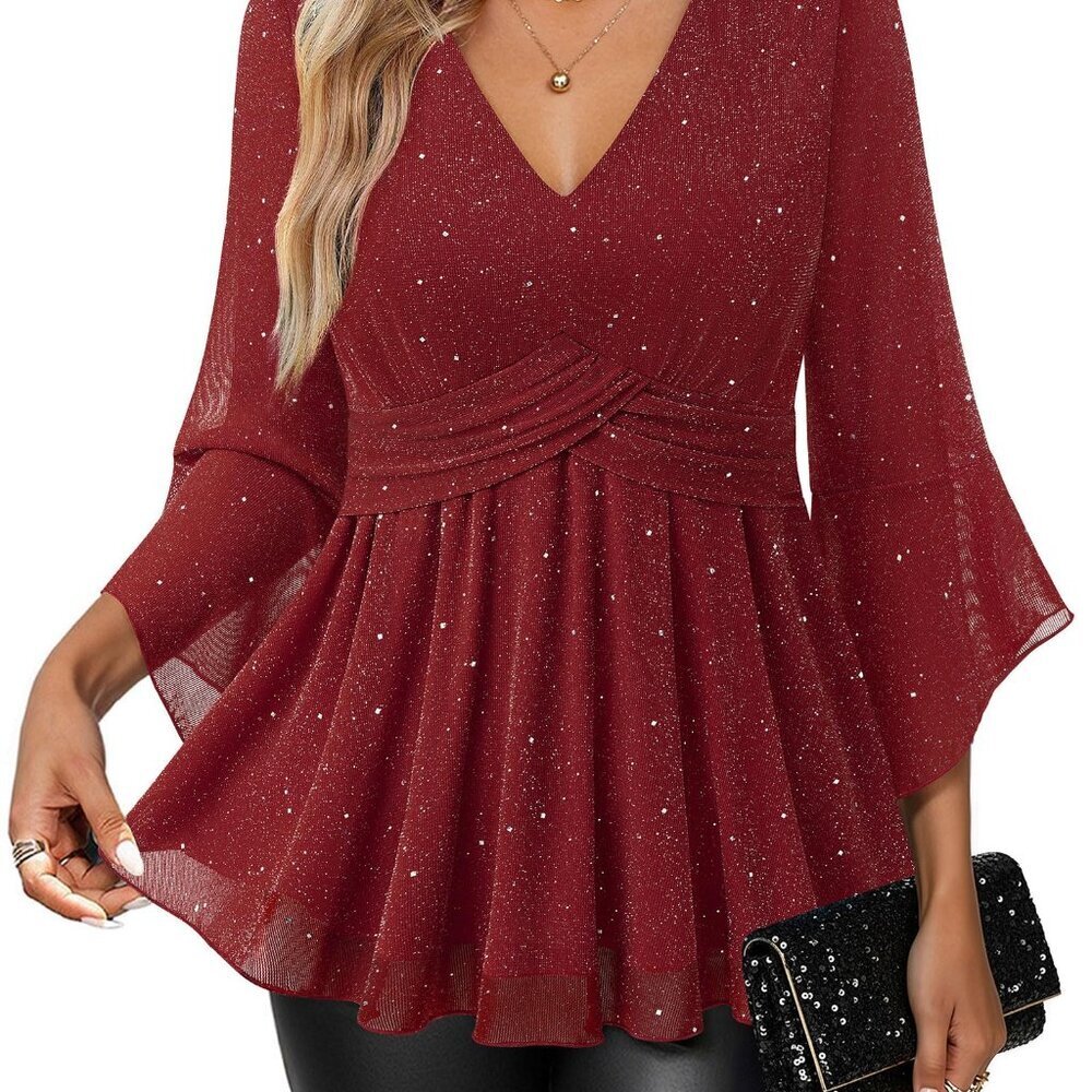 Sparkle Mesh 3/4 Bell Sleeve Blouse Party Top Size Medium